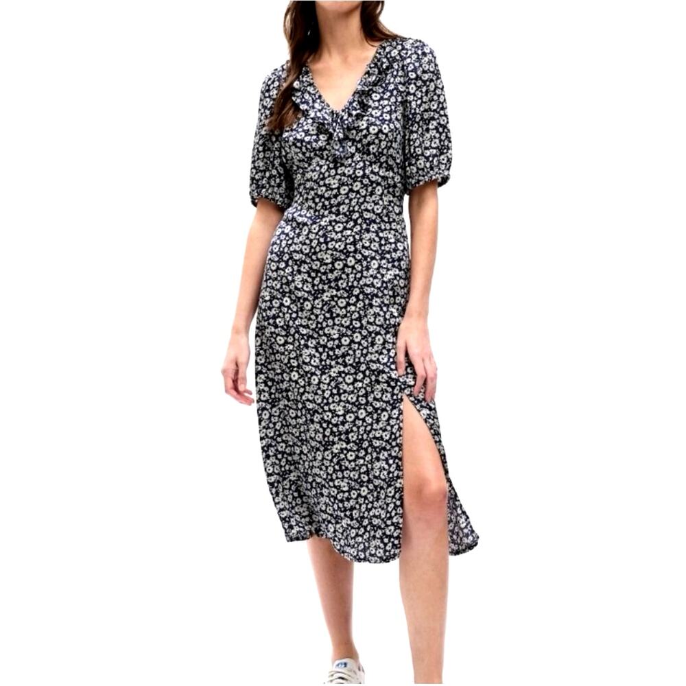 NWT GAP Navy Floral Puff Sleeve Ruffle Midi Dress